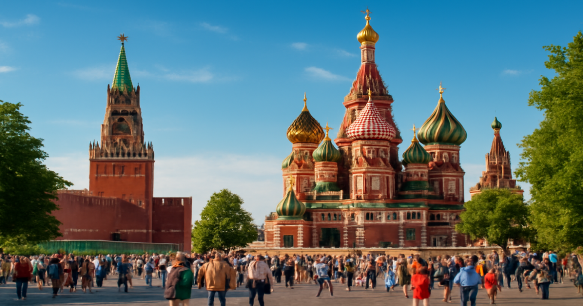 Explore the достопримечательности Москвы with a stunning view of Red Square and the Kremlin.