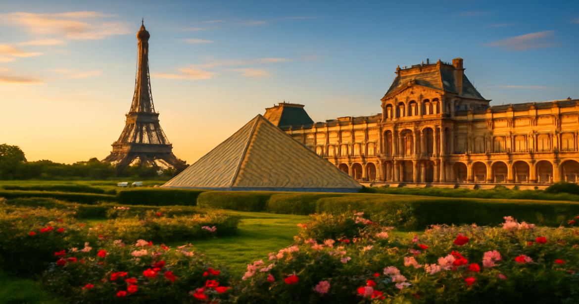 Explore что посмотреть в Париже with stunning views of the Eiffel Tower and Louvre in this travel image.