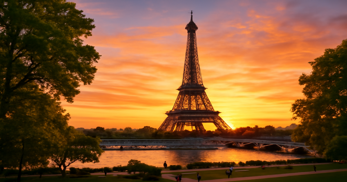 Explore the beauty of достопримечательности Парижа with this stunning view of the Eiffel Tower at sunset.