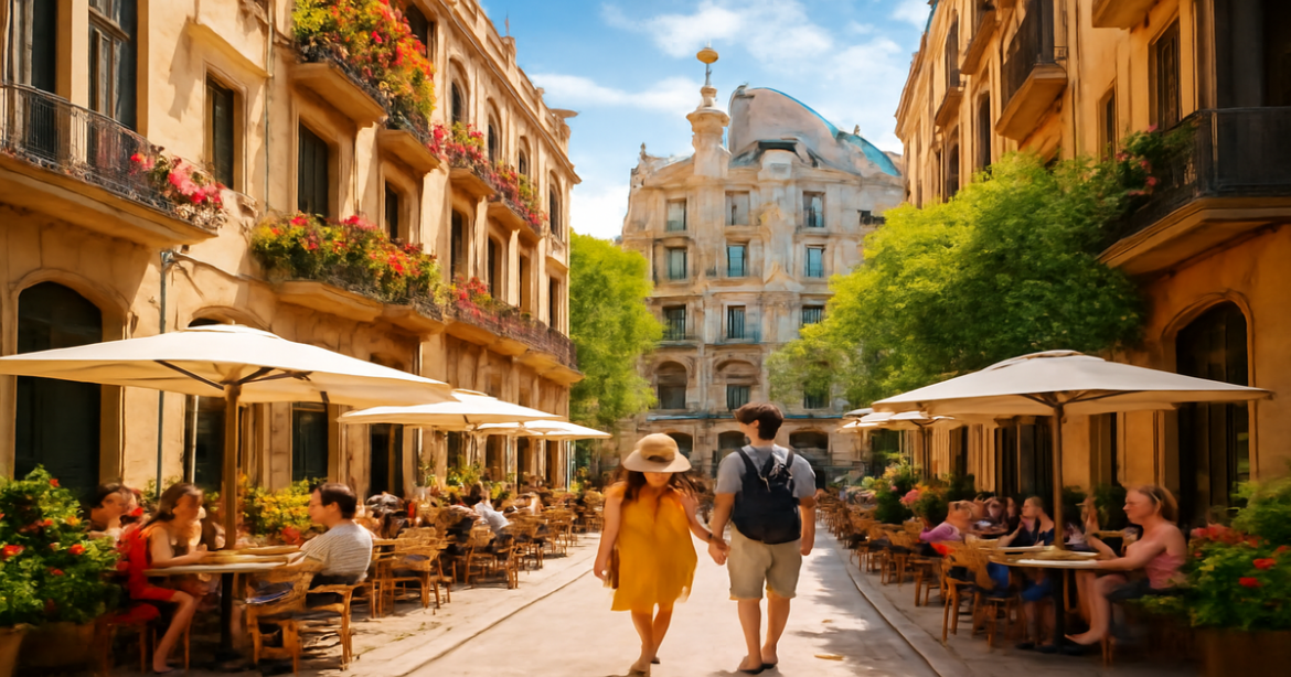 Explore где остановиться в Барселоне with this vibrant image of a charming Barcelona street.