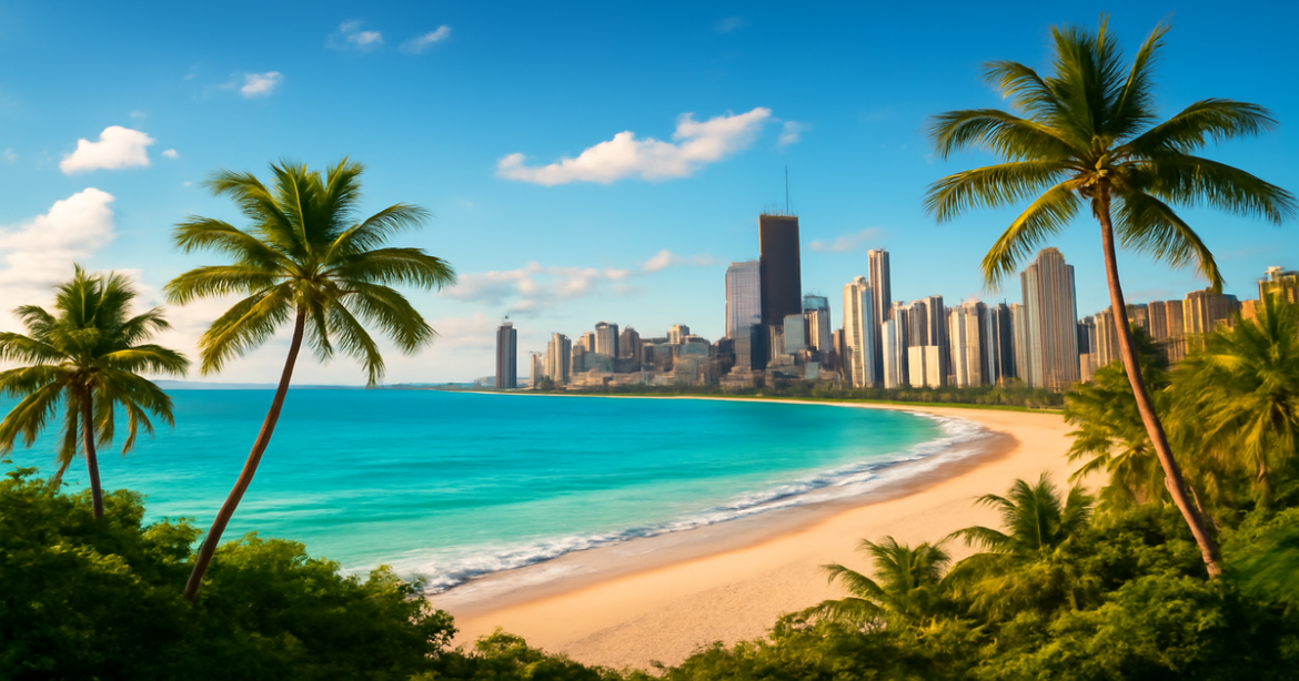 A stunning comparison of vacation destinations showcasing beaches and cityscapes.