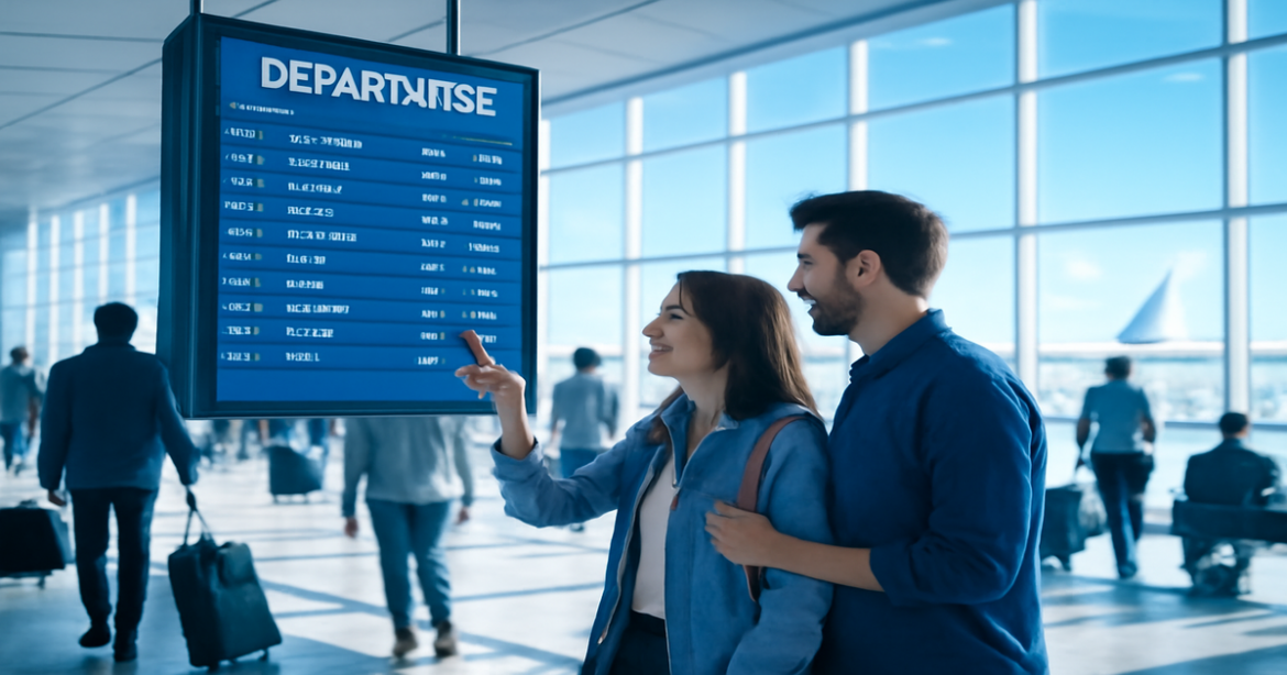 Explore how to choose an авиабилет with this inspiring travel scene at a modern airport.