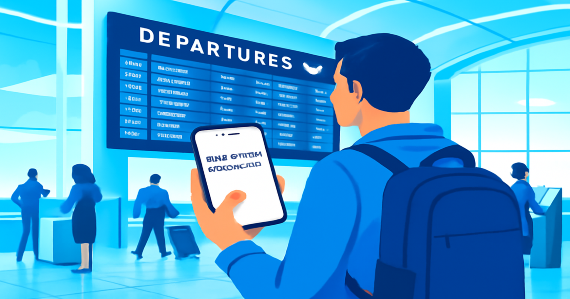 Traveler at airport engaging in выбор авиабилета, vibrant and inspiring travel scene.