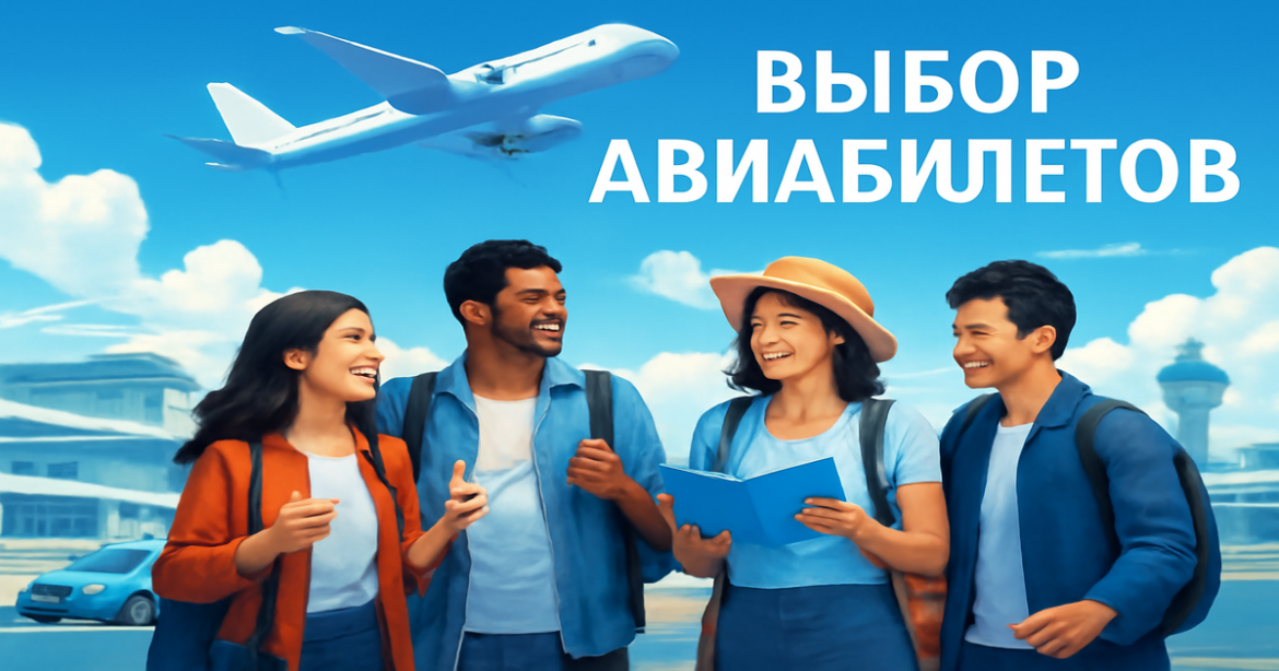 A vibrant travel scene illustrating выбор авиабилетов with diverse travelers at an airport.