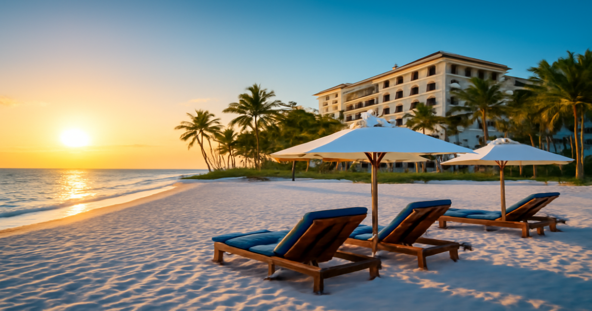 A stunning beach hotel scene showcasing the perfect выбор отеля for a dream vacation.