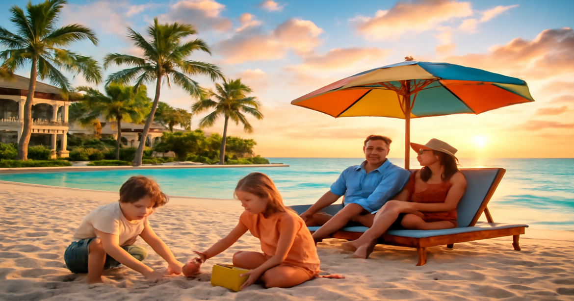 Family vacation at лучшие курорты для семейного отдыха, showcasing relaxation and fun on the beach.