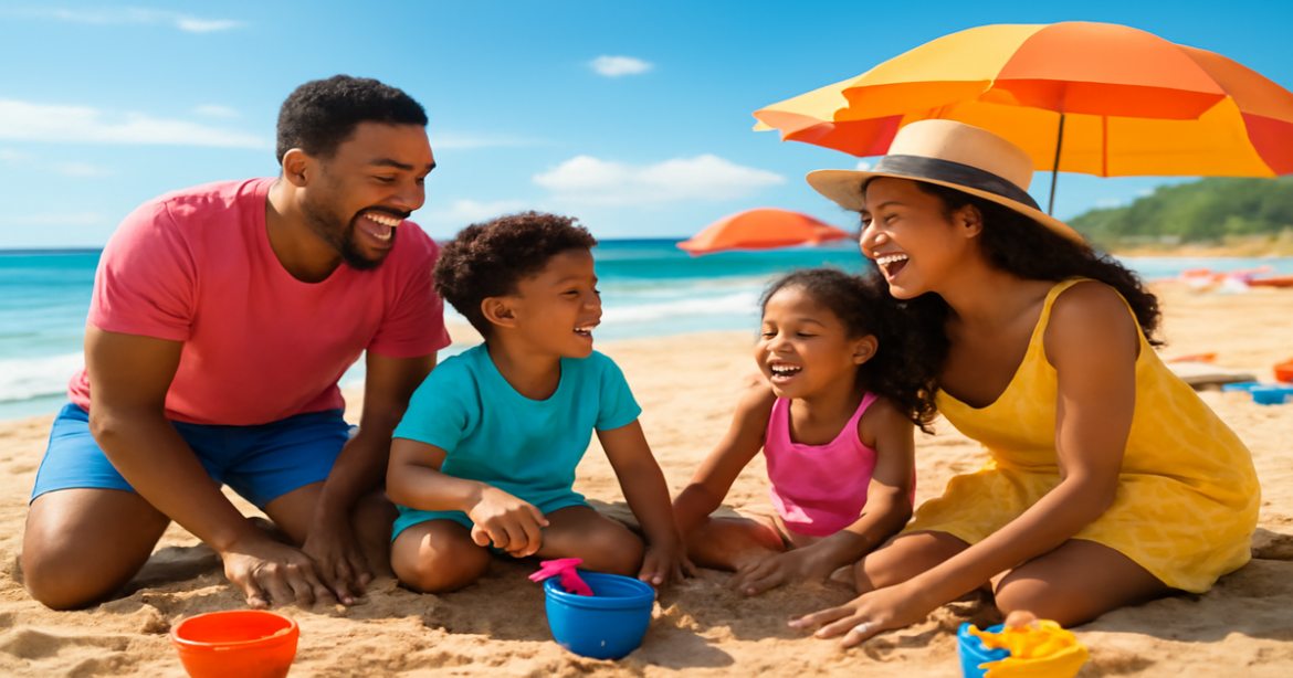 A joyful family enjoying семейный отдых on a beautiful beach, perfect for a travel article.