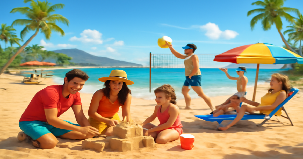 A family vacation scene highlighting family отдых at a beautiful beach destination.