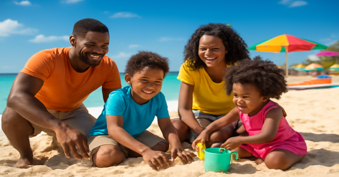 A joyful family enjoying their семейный отдых at a beautiful beach destination in 2026.