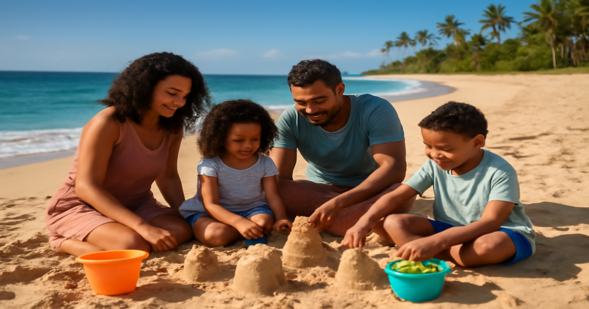 Explore the best пляжи для семейного отдыха, showcasing a joyful family at a beautiful beach.