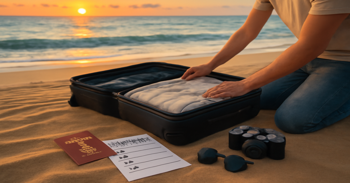 A traveler prepares for a trip with a checklist on the beach, embodying подготовка к поездке за границу.