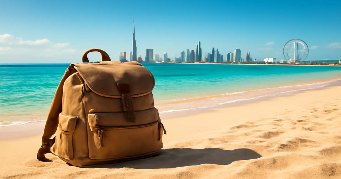 Preparation for an overseas trip highlighted by a beautiful beach and vibrant city skyline.