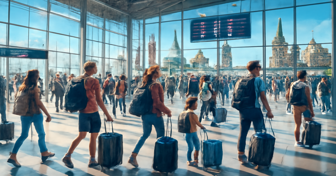 A vibrant airport scene illustrating подготовка к поездке за границу with travelers and iconic landmarks.