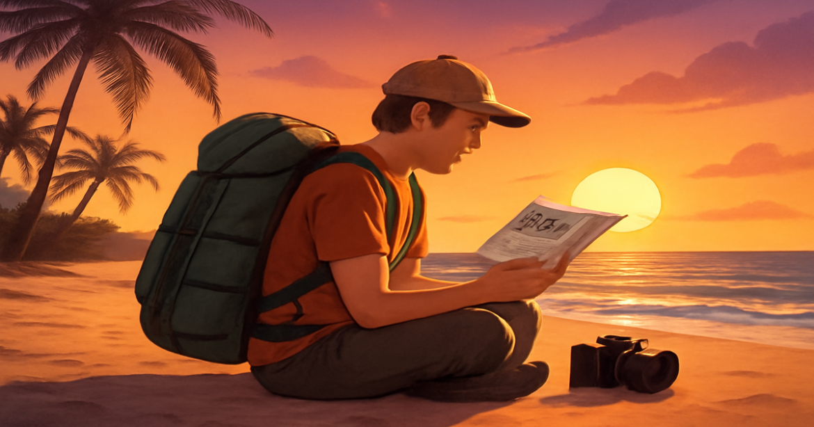 Inspiring beach scene illustrating подготовка к поездке with a backpacker surrounded by travel essentials.