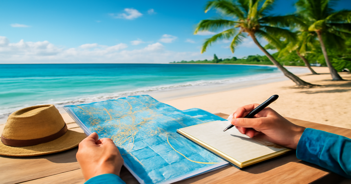 Inspiring image of подготовка к самостоятельному путешествию with a traveler planning at a beach destination.