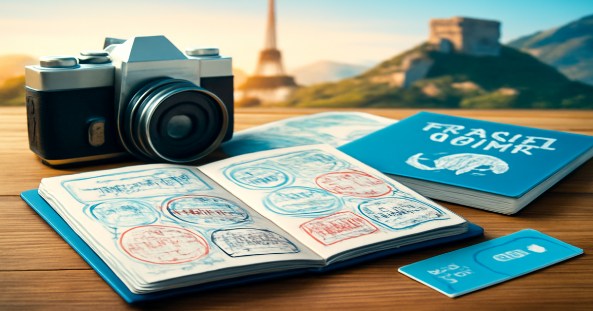 Explore tips on виза acquisition with a captivating travel scene showcasing essential travel items.