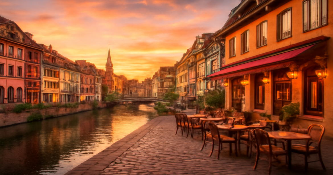 Stunning European cityscape at sunset, perfect for a путеводитель по Европе.