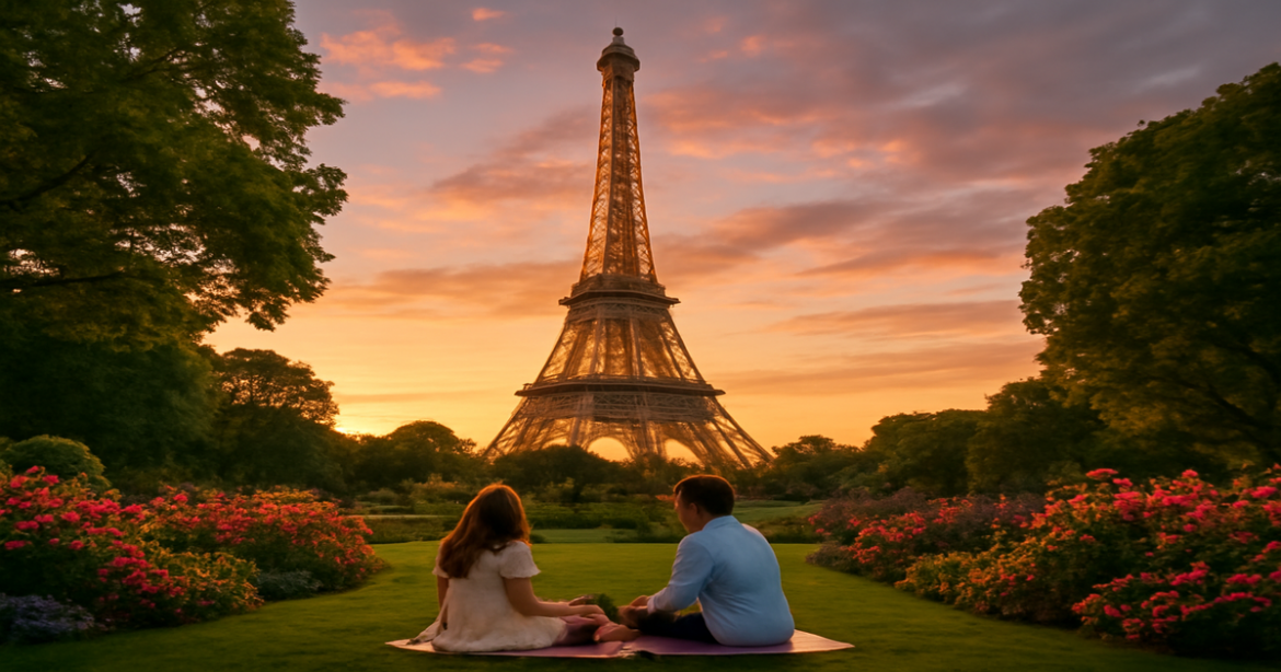 Stunning Eiffel Tower view at sunset, ideal for a путеводитель по Парижу.