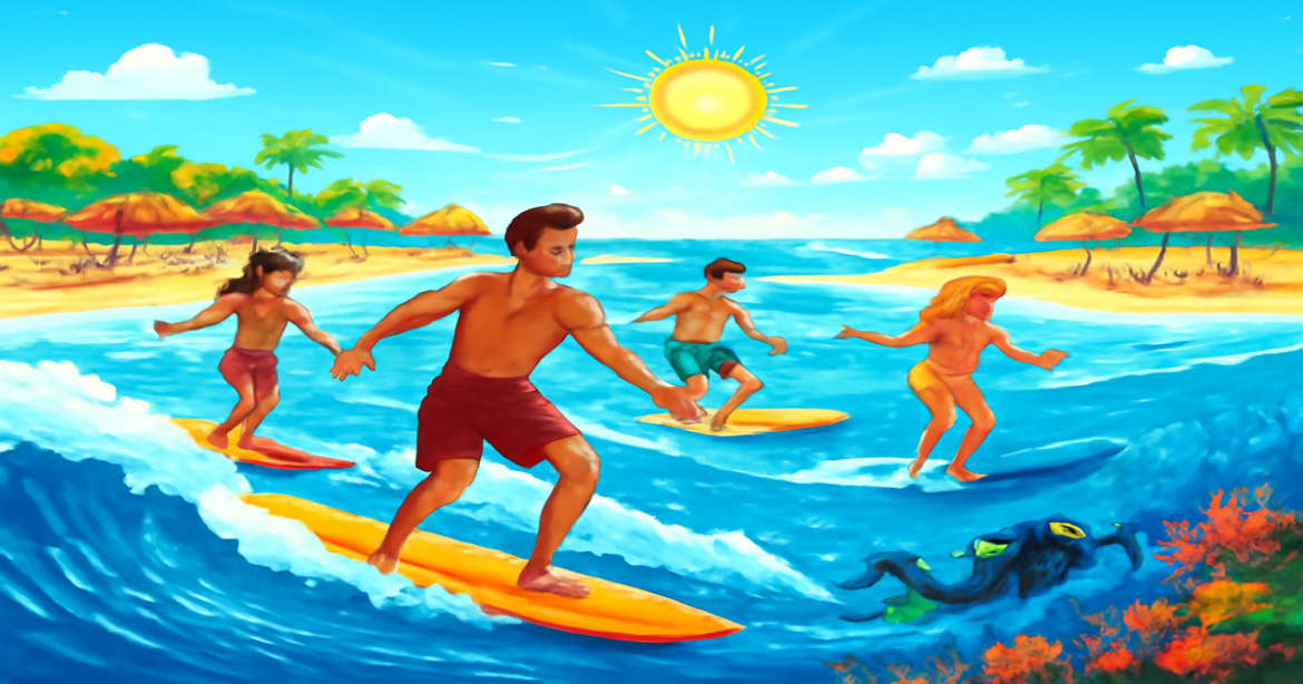 Enjoy a vibrant beach scene featuring развлечения на курорте like surfing and diving.
