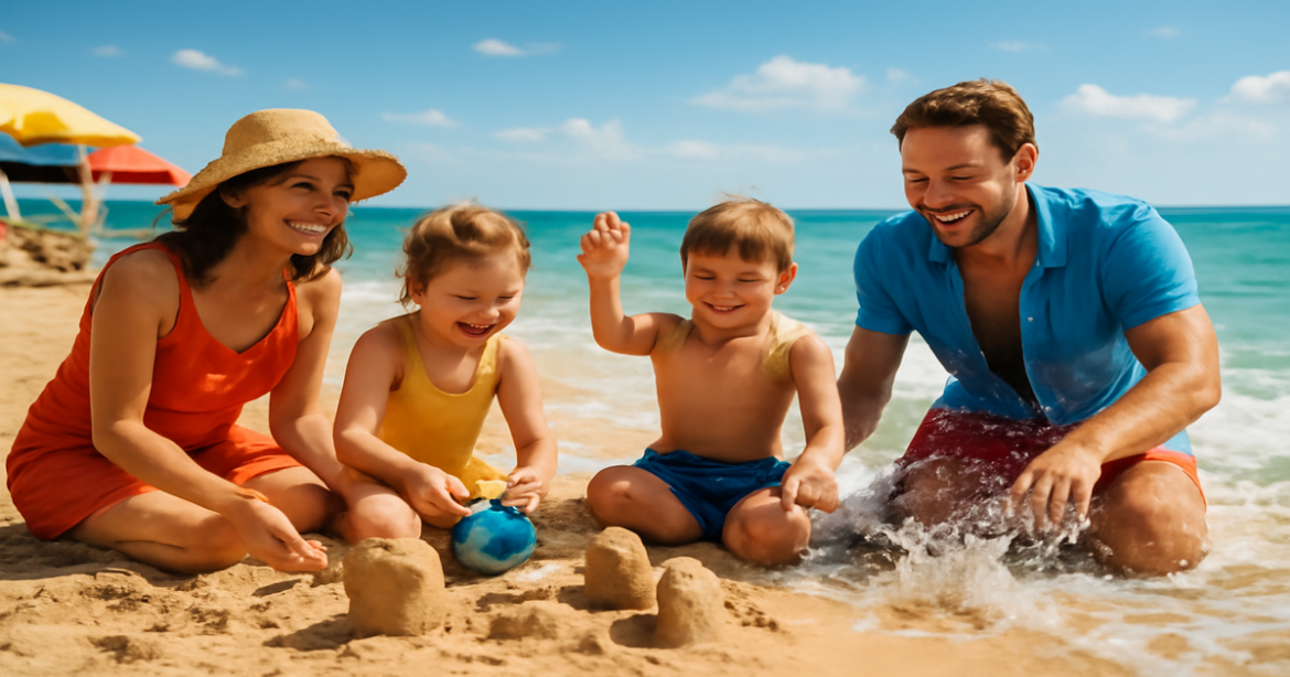 A joyful family beach vacation scene, showcasing отдых с детьми in a vibrant and inspiring setting.