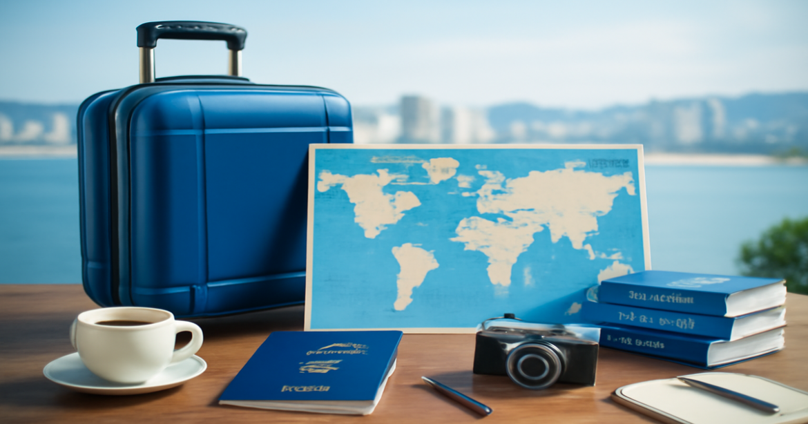 Visual representation of подготовка к поездке за границу with travel essentials and a beautiful city backdrop.