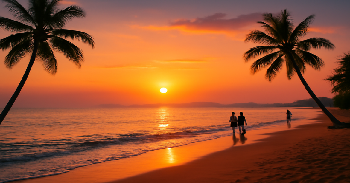 Beautiful beach sunset scene highlighting seasonal отдых and travel inspiration.
