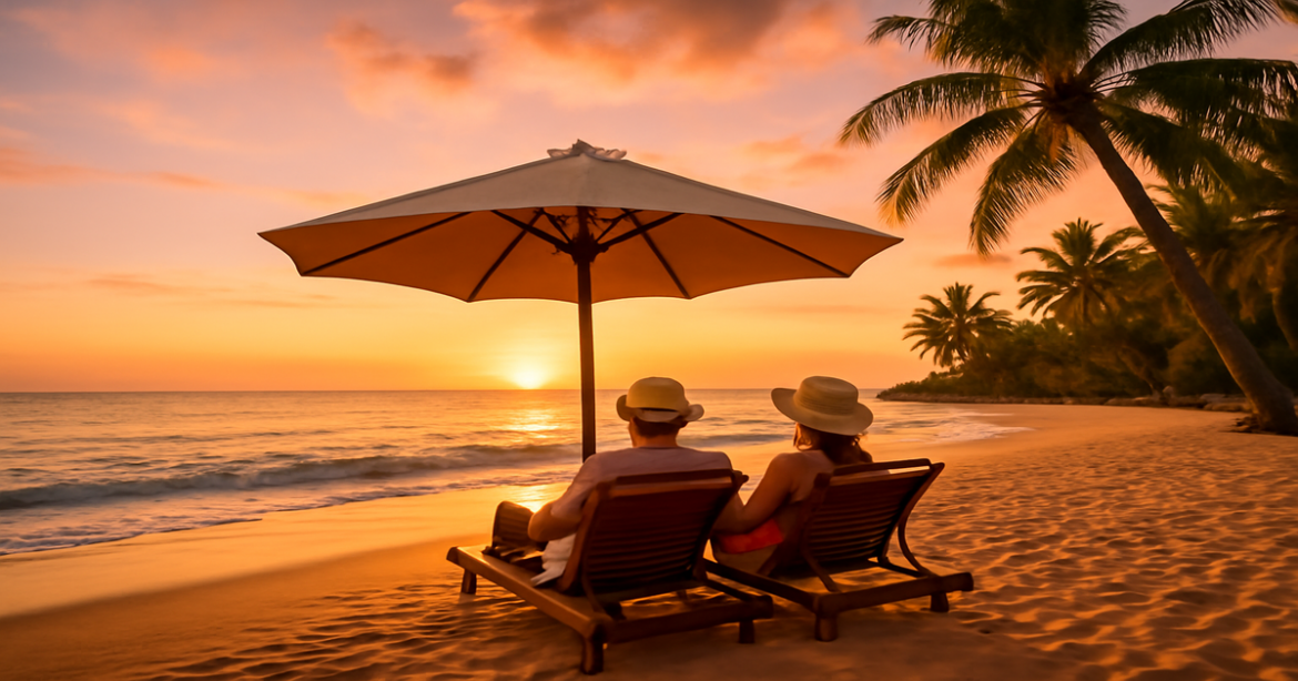 Beautiful beach scene capturing seasonal отдых with sunset, inviting atmosphere for travel enthusiasts.