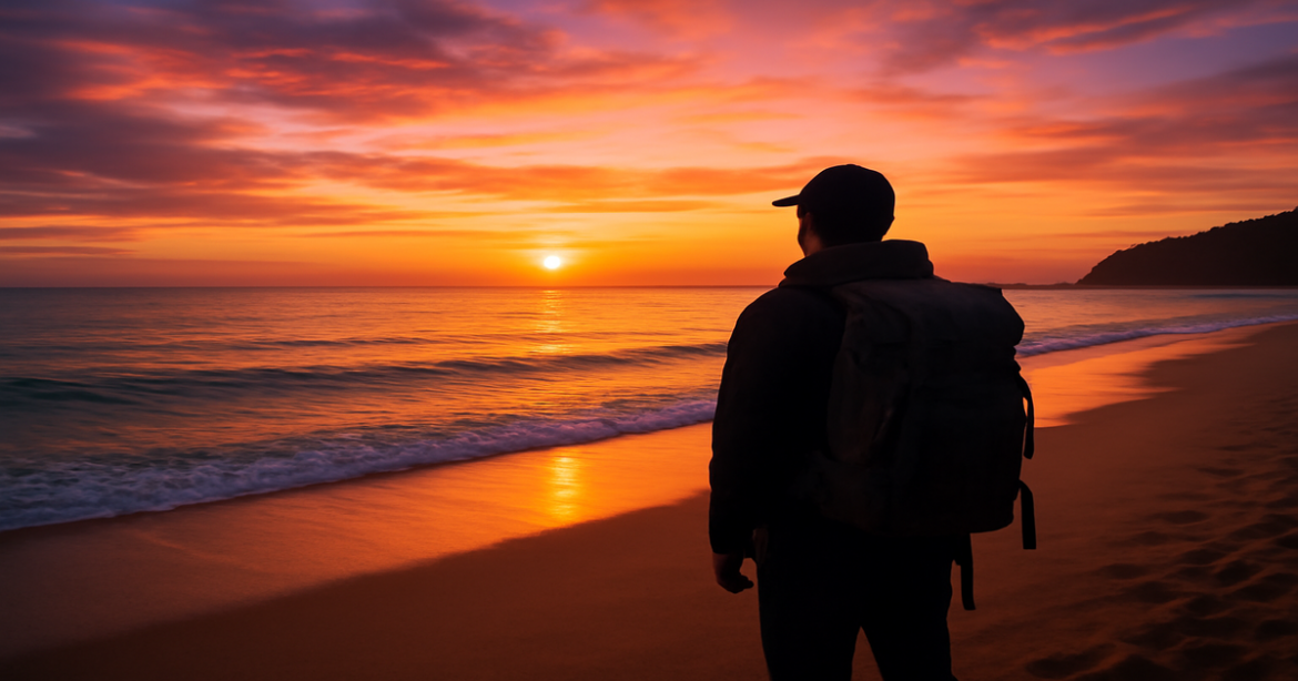 Scenic beach sunset with a traveler, embodying самостоятельные путешествия советы for inspirational travel planning.