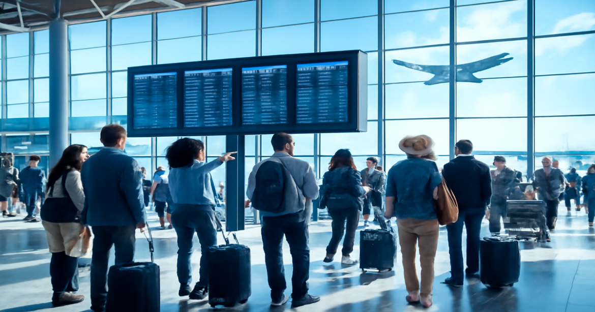 Explore советы по авиабилетам with a vibrant airport scene filled with travelers and planes.