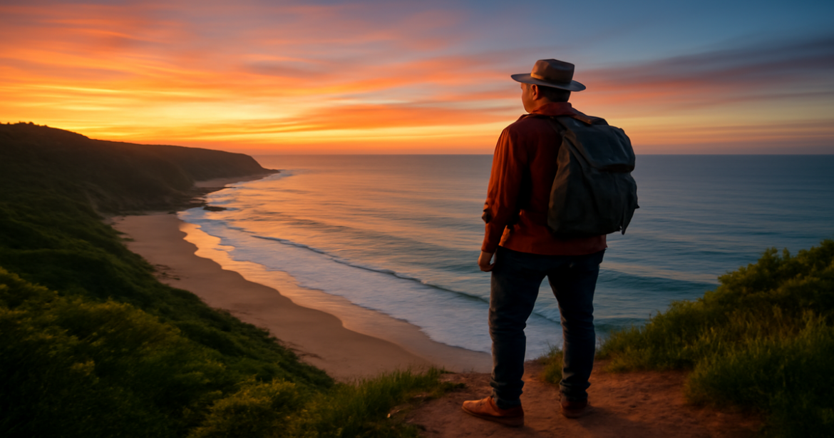 Inspiring image for самостоятельные путешествия, showcasing a traveler at a stunning beach sunset.