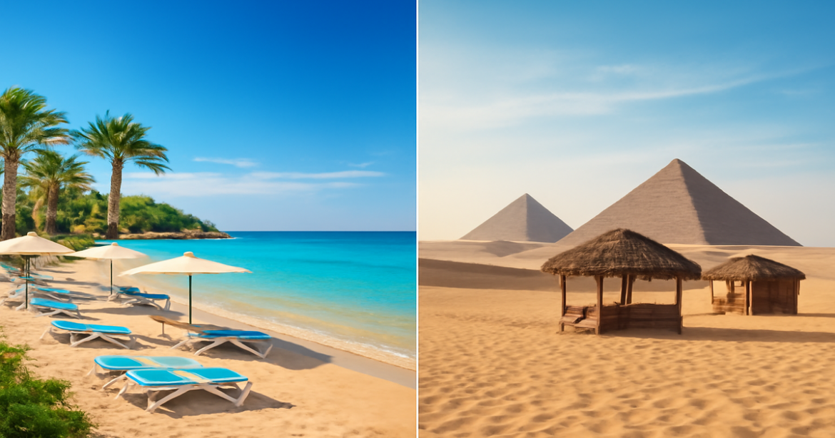 Explore пляжный отдых в Турции и Египте with this captivating beach scene showcasing both destinations.
