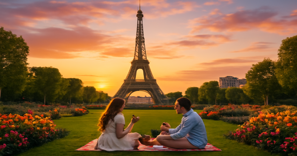 Explore the top достопримечательности Парижа with this stunning image of the Eiffel Tower at sunset.