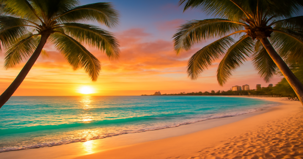 Explore ideal destinations for пляжный отдых with this beautiful beach sunset scene.