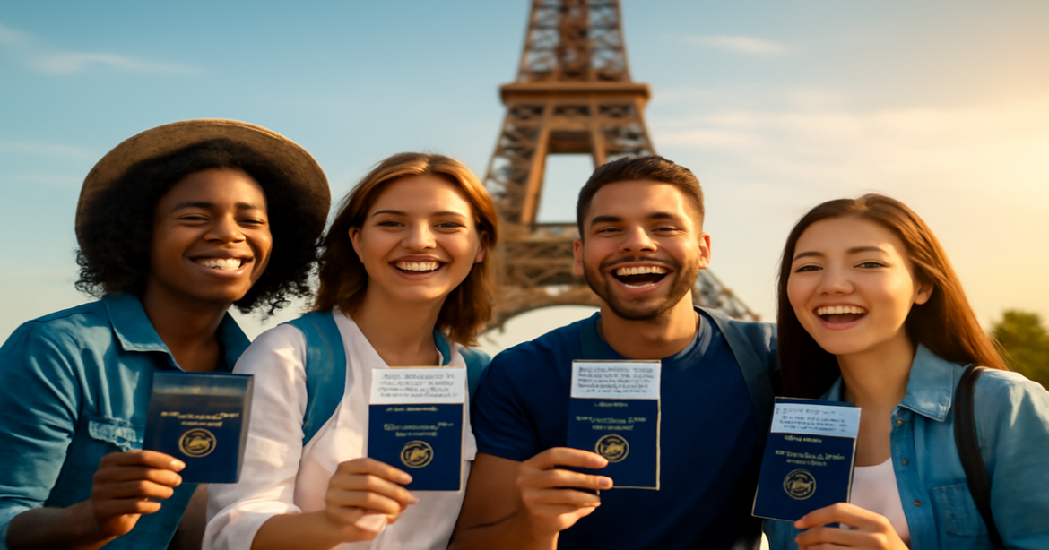 Travelers with tourist visas in front of a famous landmark, inspiring travel image.