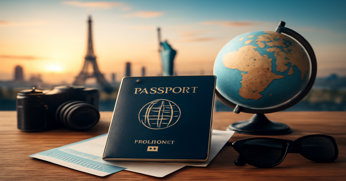 Visas and documents for travel showcased with iconic landmarks and travel essentials.