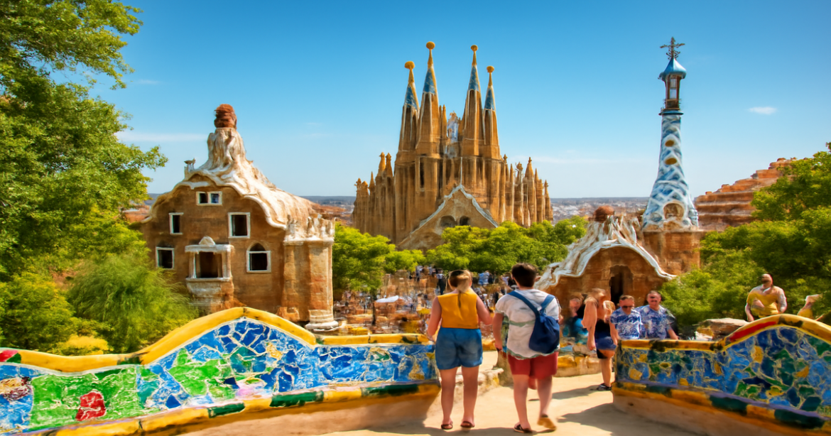 Explore Barcelona достопримечательности with views of La Sagrada Familia and Park Güell in this vibrant image.