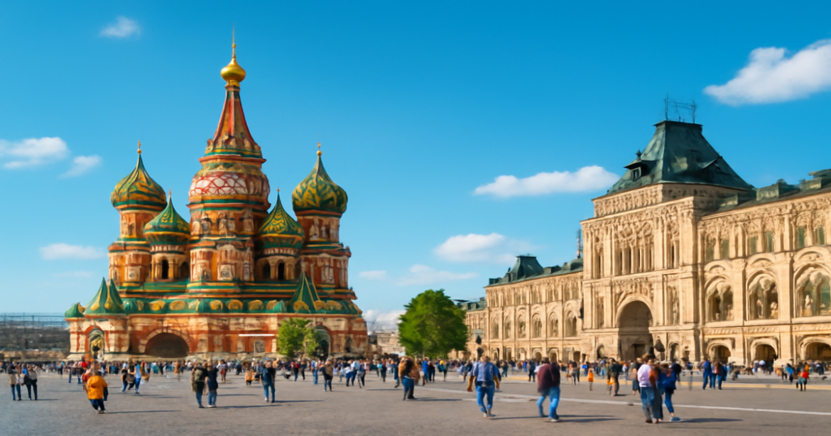 Explore достопримечательности Москвы with a vibrant view of Red Square and St. Basil's Cathedral.