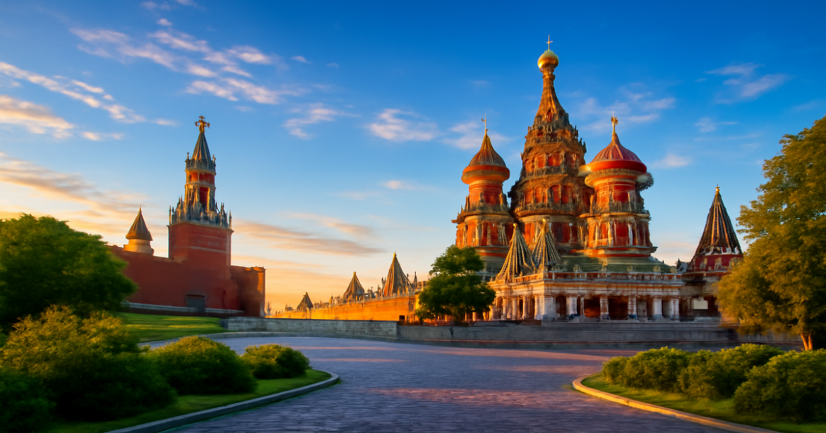 Stunning view of достопримечательности Москвы, featuring Red Square and the Kremlin in warm golden hour light.
