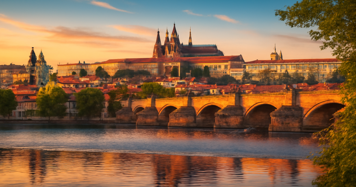 Explore the breathtaking достопримечательности Праги, featuring iconic landmarks and stunning sunset views.