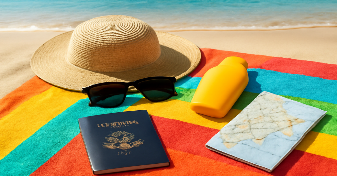 Essential travel items for vacation, showcasing what взять в отпуск for a stress-free holiday.