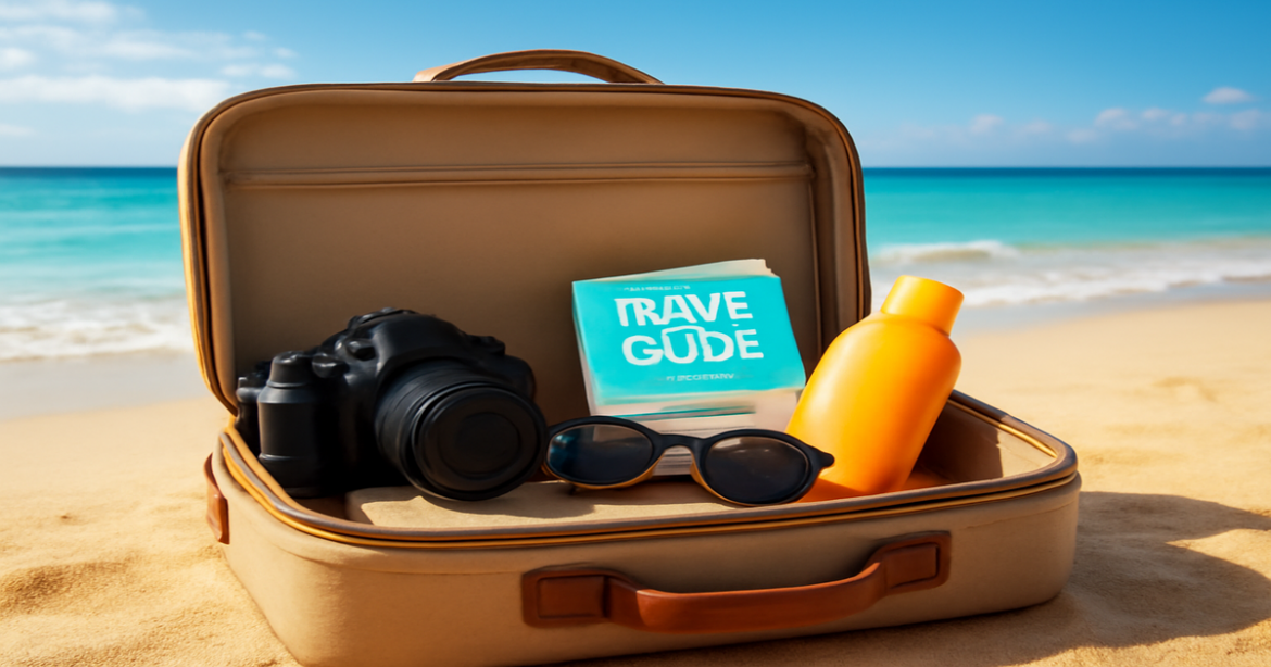 What взять в поездку: travel bag with essentials on a beautiful beach, perfect for your next adventure.