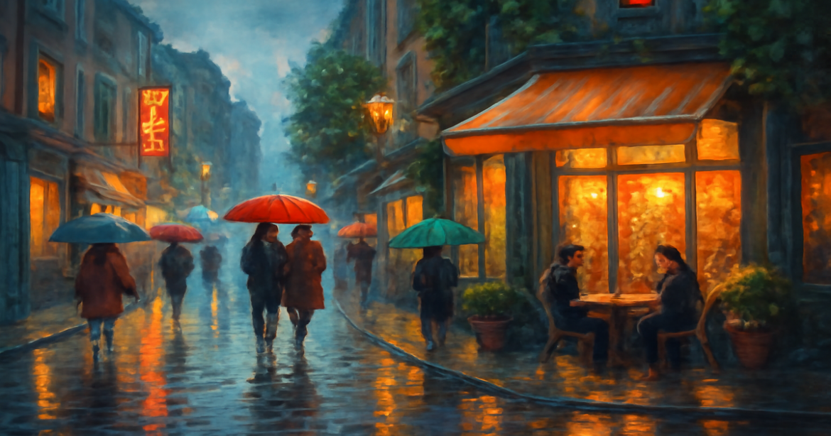 A vibrant city scene showcasing activities in дождливая погода during vacation.