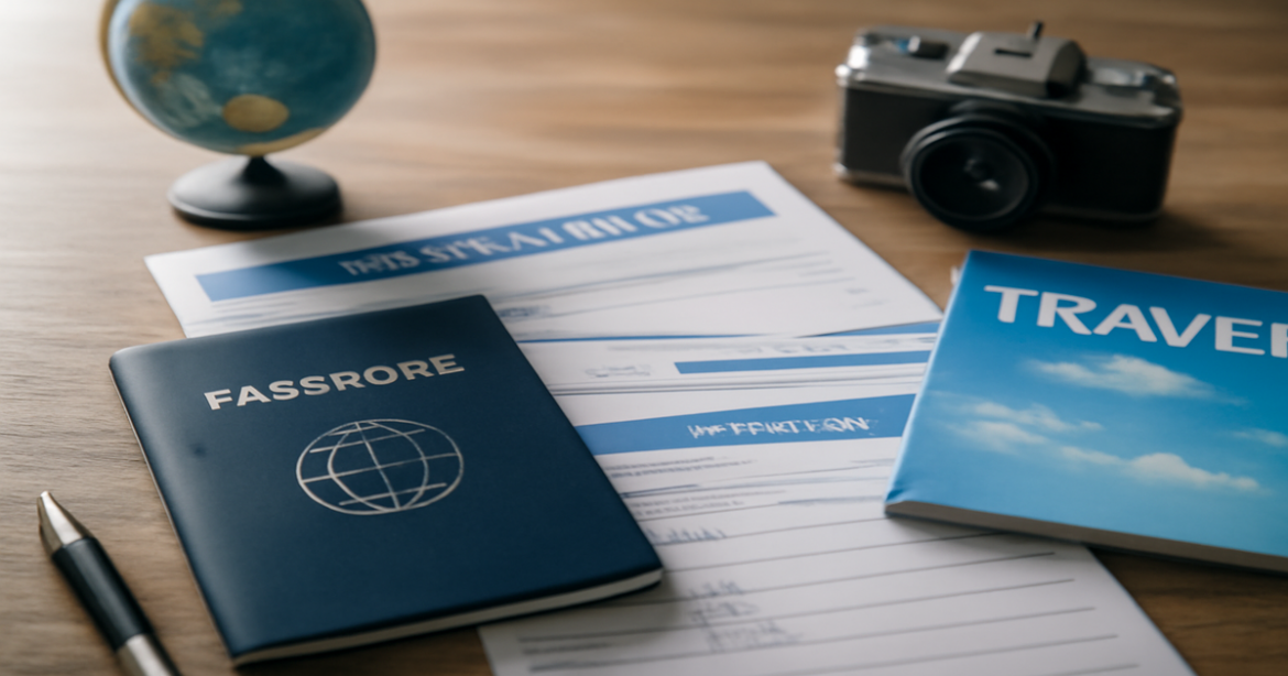 Essential документы для визы arranged with travel items, capturing the spirit of preparation for international trips.