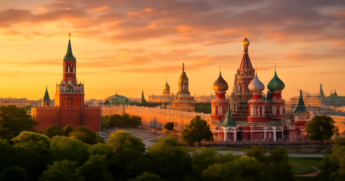 Explore the stunning достопримечательности Москвы with this vibrant sunset view of the city skyline.