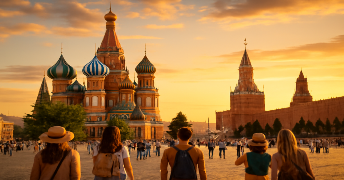 Explore достопримечательности Москвы with a captivating view of Red Square and St. Basil's Cathedral.
