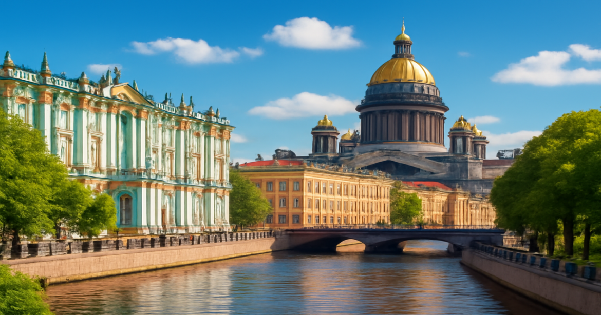 Explore достопримечательности Санкт-Петербурга with iconic views of the Hermitage and Saint Isaac's Cathedral.