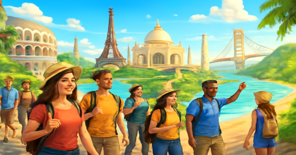 Explore stunning экскурсии по достопримечательностям with diverse tourists discovering iconic landmarks.
