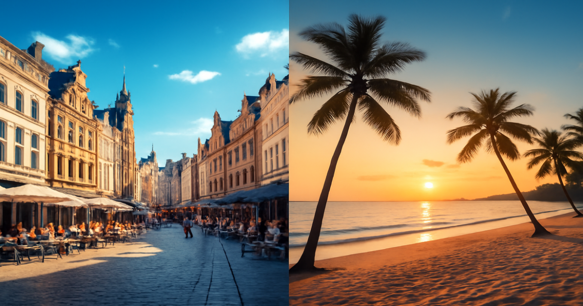 Explore Europe or Asia on vacation in 2026 with stunning cityscapes and serene beach scenes.