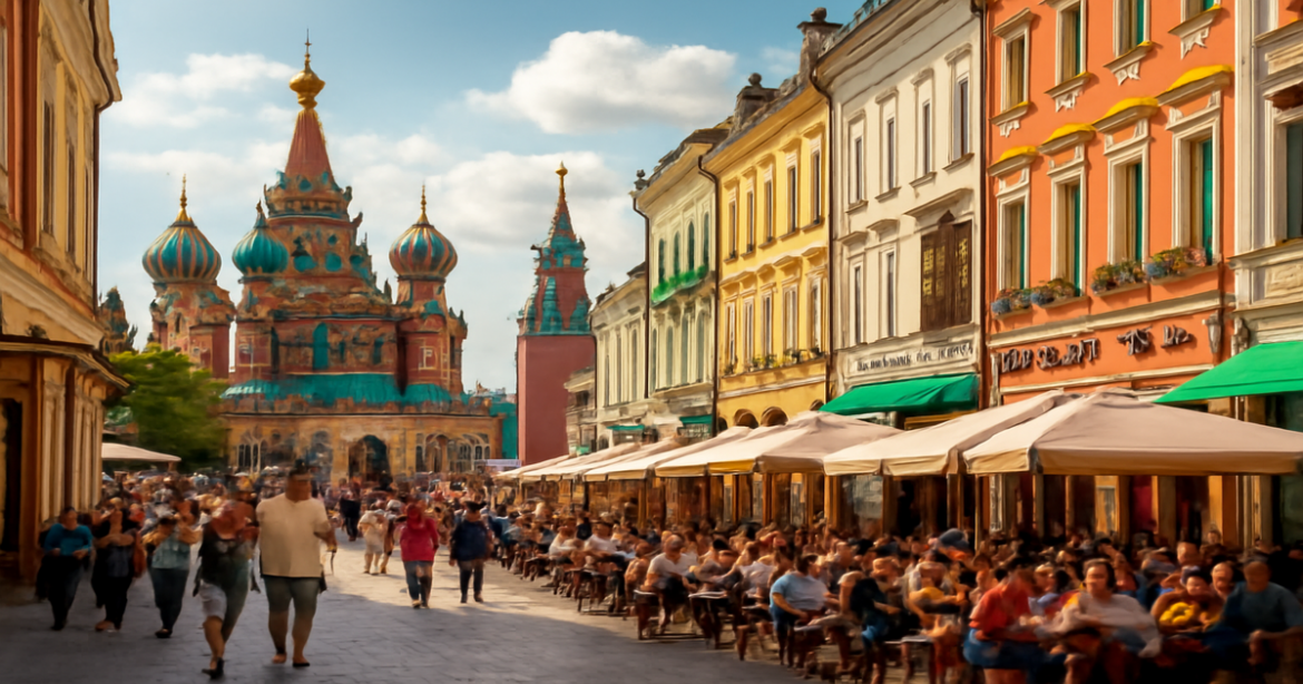 Explore лучшие районы для туристов in major Russian cities through this vibrant street scene.