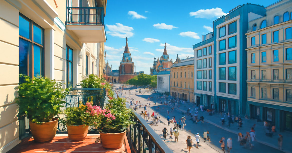 Explore various отели и апартаменты in a vibrant Russian cityscape, perfect for travelers.